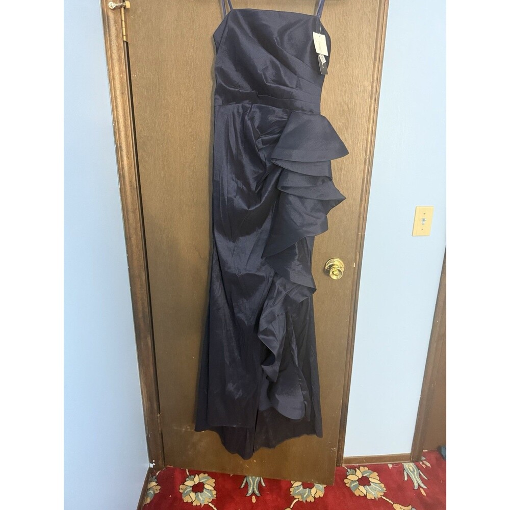 Betsy & Adam Strapless Cascade Ruffle Navy Blue Gown Sz:8  $289